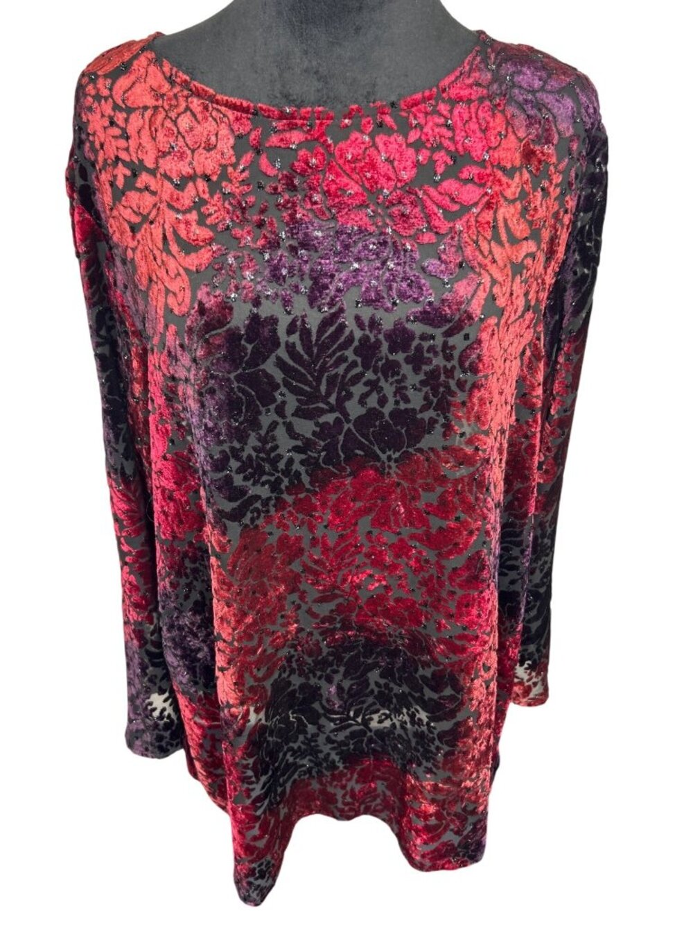 Carole Little Women's L Red Velvet Burnout Top Tunic Whimsigoth Witchy Flowy